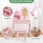 Coiffeuse de Princesse pour Enfants, Table et Tabouret de Maquillage pour Petite Fille avec Miroir Lumineux, Ensemble de Jeu de Maquillage, Tiroir de Rangement
