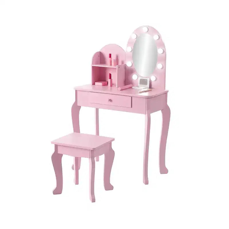 Coiffeuse de Princesse pour Enfants, Table et Tabouret de Maquillage pour Petite Fille avec Miroir Lumineux, Ensemble de Jeu de Maquillage, Tiroir de Rangement