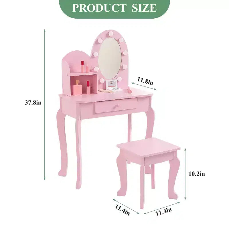 Coiffeuse de Princesse pour Enfants, Table et Tabouret de Maquillage pour Petite Fille avec Miroir Lumineux, Ensemble de Jeu de Maquillage, Tiroir de Rangement
