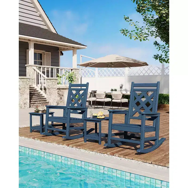 Fauteuil à bascule d'extérieur, fauteuil à bascule de patio résistant aux intempéries en PEHD avec texture bois et support de 172 kg pour terrasse, piscine, jardin