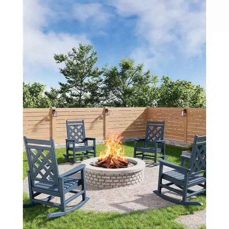 Fauteuil à bascule d'extérieur, fauteuil à bascule de patio résistant aux intempéries en PEHD avec texture bois et support de 172 kg pour terrasse, piscine, jardin