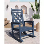 Fauteuil à bascule d'extérieur, fauteuil à bascule de patio résistant aux intempéries en PEHD avec texture bois et support de 172 kg pour terrasse, piscine, jardin