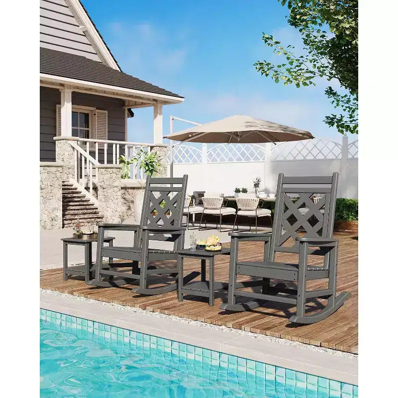 Fauteuil à bascule d'extérieur, fauteuil à bascule de patio résistant aux intempéries en PEHD avec texture bois et support de 172 kg pour terrasse, piscine, jardin