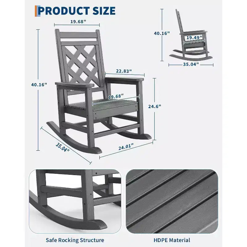 Fauteuil à bascule d'extérieur, fauteuil à bascule de patio résistant aux intempéries en PEHD avec texture bois et support de 172 kg pour terrasse, piscine, jardin