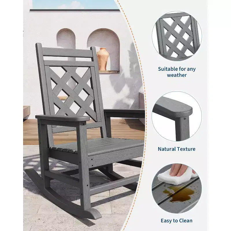 Fauteuil à bascule d'extérieur, fauteuil à bascule de patio résistant aux intempéries en PEHD avec texture bois et support de 172 kg pour terrasse, piscine, jardin