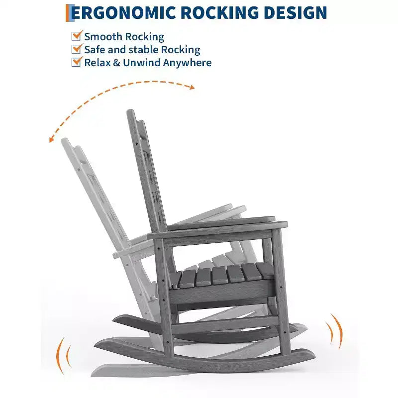 Fauteuil à bascule d'extérieur, fauteuil à bascule de patio résistant aux intempéries en PEHD avec texture bois et support de 172 kg pour terrasse, piscine, jardin