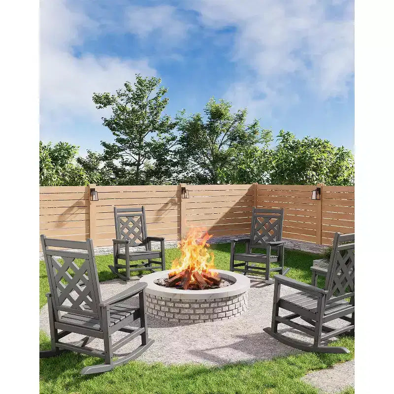 Fauteuil à bascule d'extérieur, fauteuil à bascule de patio résistant aux intempéries en PEHD avec texture bois et support de 172 kg pour terrasse, piscine, jardin