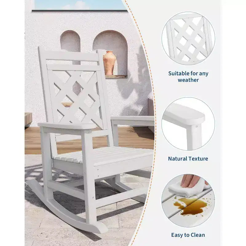 Fauteuil à bascule d'extérieur, fauteuil à bascule de patio résistant aux intempéries en PEHD avec texture bois et support de 172 kg pour terrasse, piscine, jardin