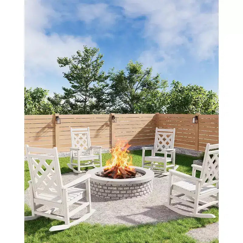 Fauteuil à bascule d'extérieur, fauteuil à bascule de patio résistant aux intempéries en PEHD avec texture bois et support de 172 kg pour terrasse, piscine, jardin