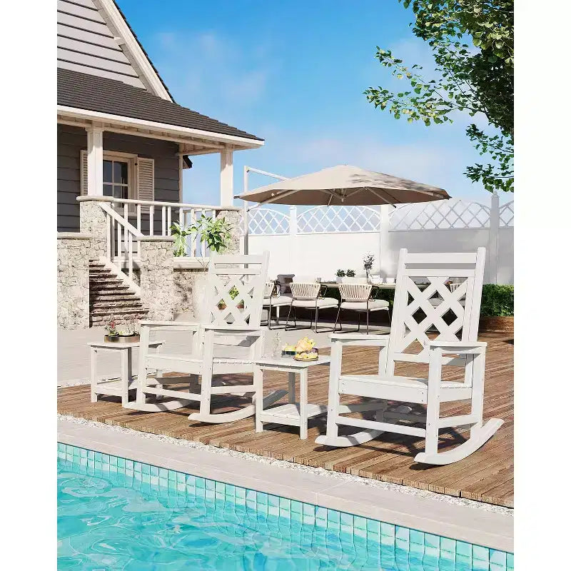 Fauteuil à bascule d'extérieur, fauteuil à bascule de patio résistant aux intempéries en PEHD avec texture bois et support de 172 kg pour terrasse, piscine, jardin