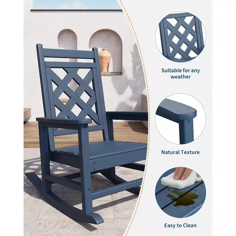 Fauteuil à bascule d'extérieur, fauteuil à bascule de patio résistant aux intempéries en PEHD avec texture bois et support de 172 kg pour terrasse, piscine, jardin