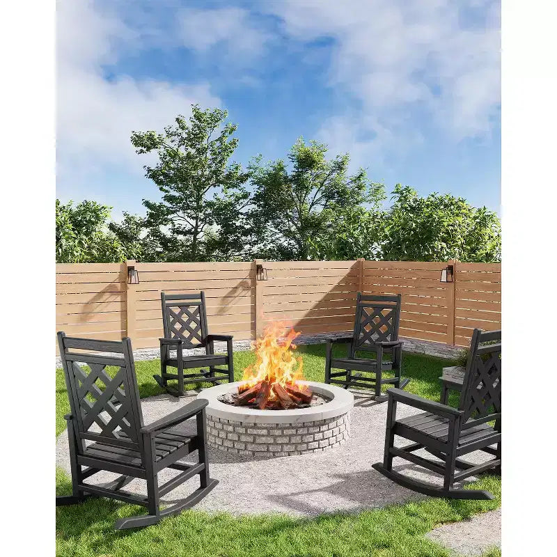Fauteuil à bascule d'extérieur, fauteuil à bascule de patio résistant aux intempéries en PEHD avec texture bois et support de 172 kg pour terrasse, piscine, jardin