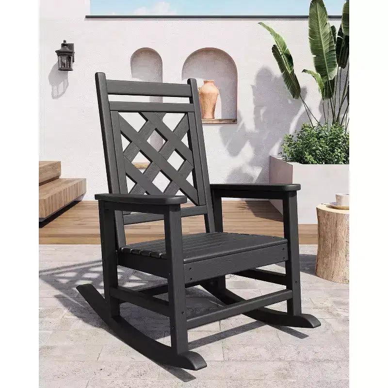 Fauteuil à bascule d'extérieur, fauteuil à bascule de patio résistant aux intempéries en PEHD avec texture bois et support de 172 kg pour terrasse, piscine, jardin