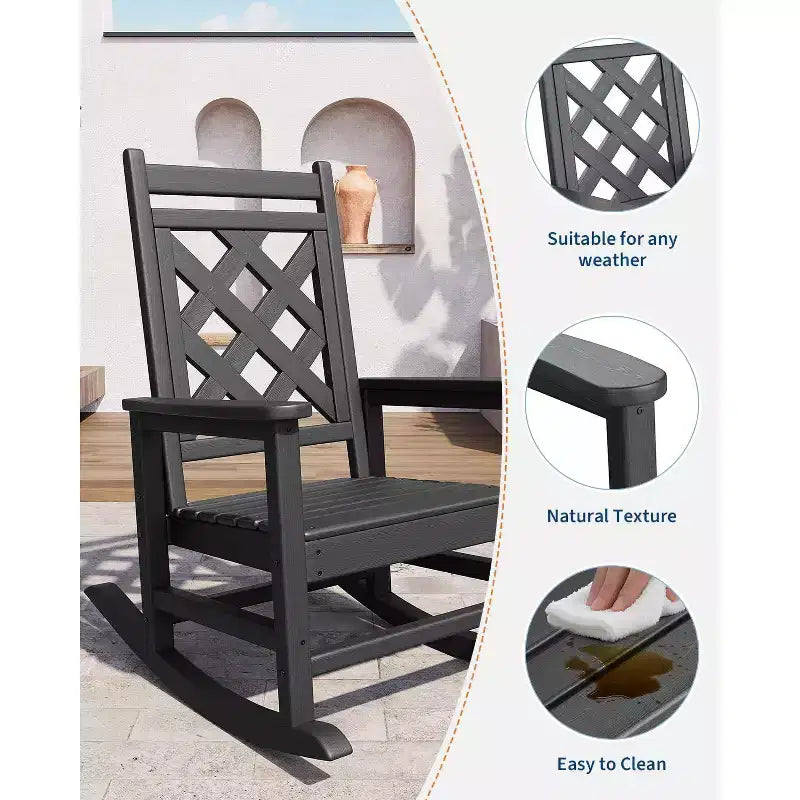 Fauteuil à bascule d'extérieur, fauteuil à bascule de patio résistant aux intempéries en PEHD avec texture bois et support de 172 kg pour terrasse, piscine, jardin