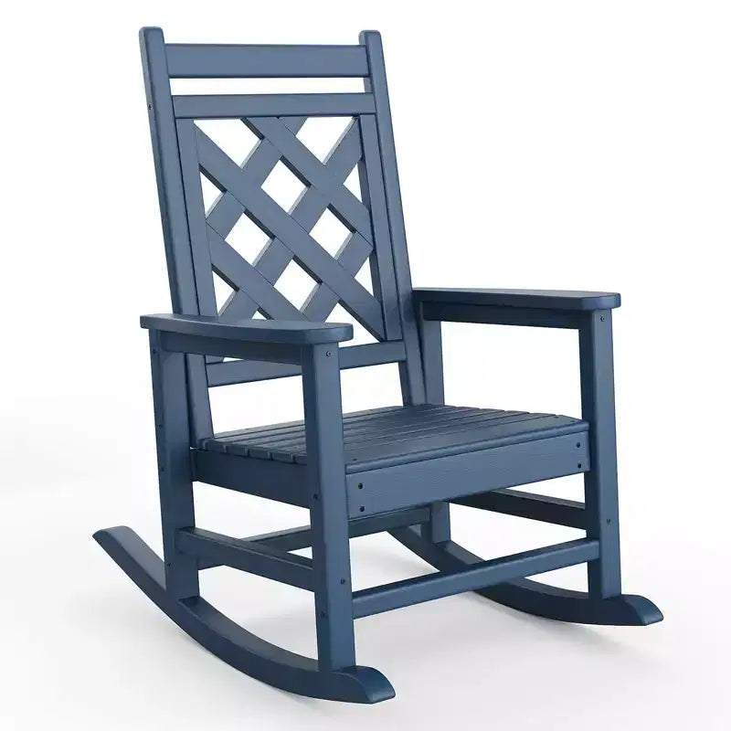 Fauteuil à bascule d'extérieur, fauteuil à bascule de patio résistant aux intempéries en PEHD avec texture bois et support de 172 kg pour terrasse, piscine, jardin
