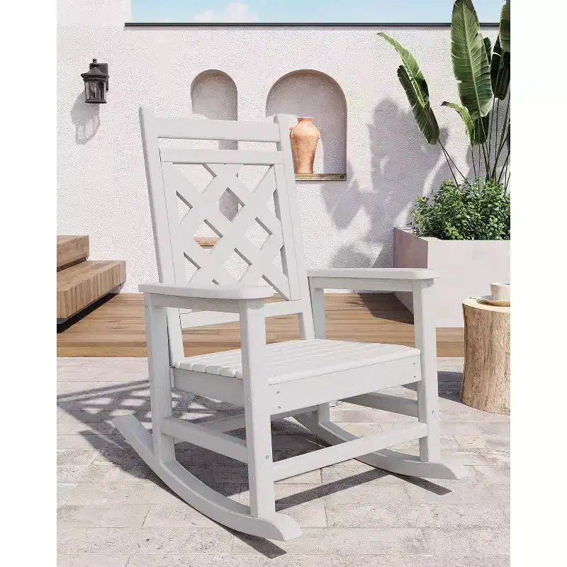 Fauteuil à bascule d'extérieur, fauteuil à bascule de patio résistant aux intempéries en PEHD avec texture bois et support de 172 kg pour terrasse, piscine, jardin