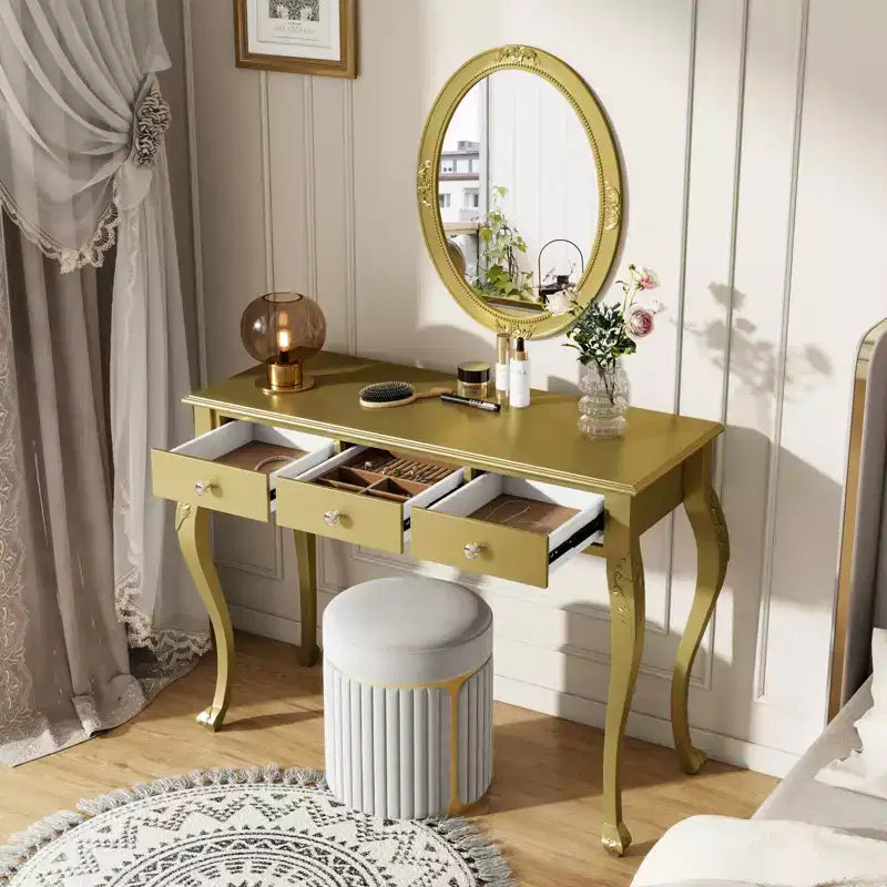 Coiffeuse de luxe avec console à 3 tiroirs pour rangement, miroir ovale mural, station de beauté élégante pour chambre à coucher, dressing, salon
