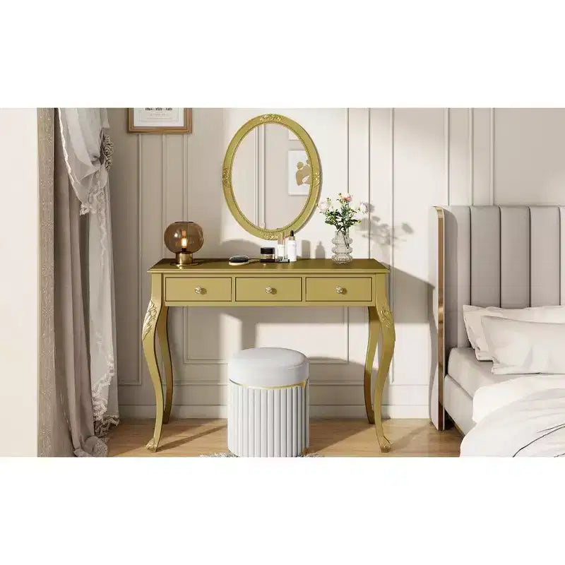 Coiffeuse de luxe avec console à 3 tiroirs pour rangement, miroir ovale mural, station de beauté élégante pour chambre à coucher, dressing, salon