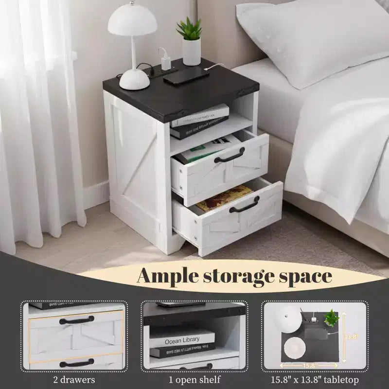 COZONY Table de chevet avec station de recharge, 2 prises secteur et 2 ports USB, Table de nuit industrielle avec 2 tiroirs pour chambre à coucher