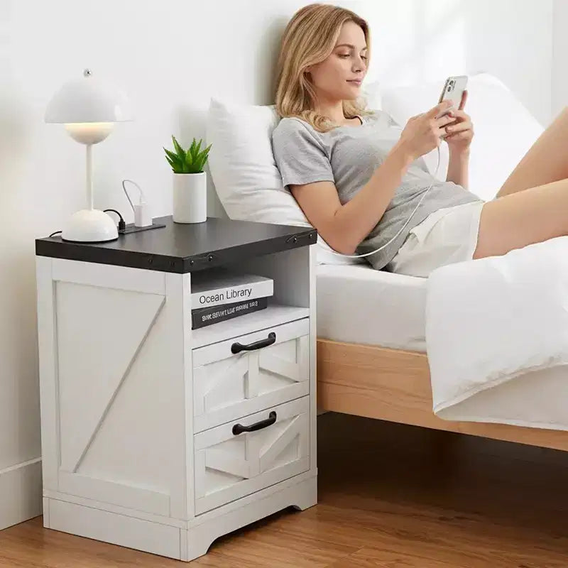 COZONY Table de chevet avec station de recharge, 2 prises secteur et 2 ports USB, Table de nuit industrielle avec 2 tiroirs pour chambre à coucher