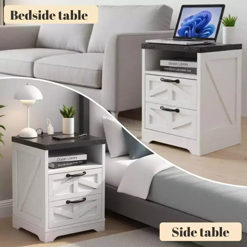 COZONY Table de chevet avec station de recharge, 2 prises secteur et 2 ports USB, Table de nuit industrielle avec 2 tiroirs pour chambre à coucher