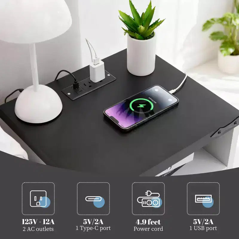 COZONY Table de chevet avec station de recharge, 2 prises secteur et 2 ports USB, Table de nuit industrielle avec 2 tiroirs pour chambre à coucher