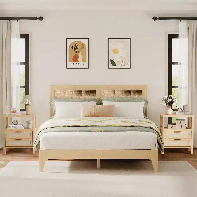 COZONY Lot de 2 tables de chevet, tables de nuit en rotin avec tiroirs et étagère de rangement, tables d'appoint étroites de style ferme pour chambre à coucher