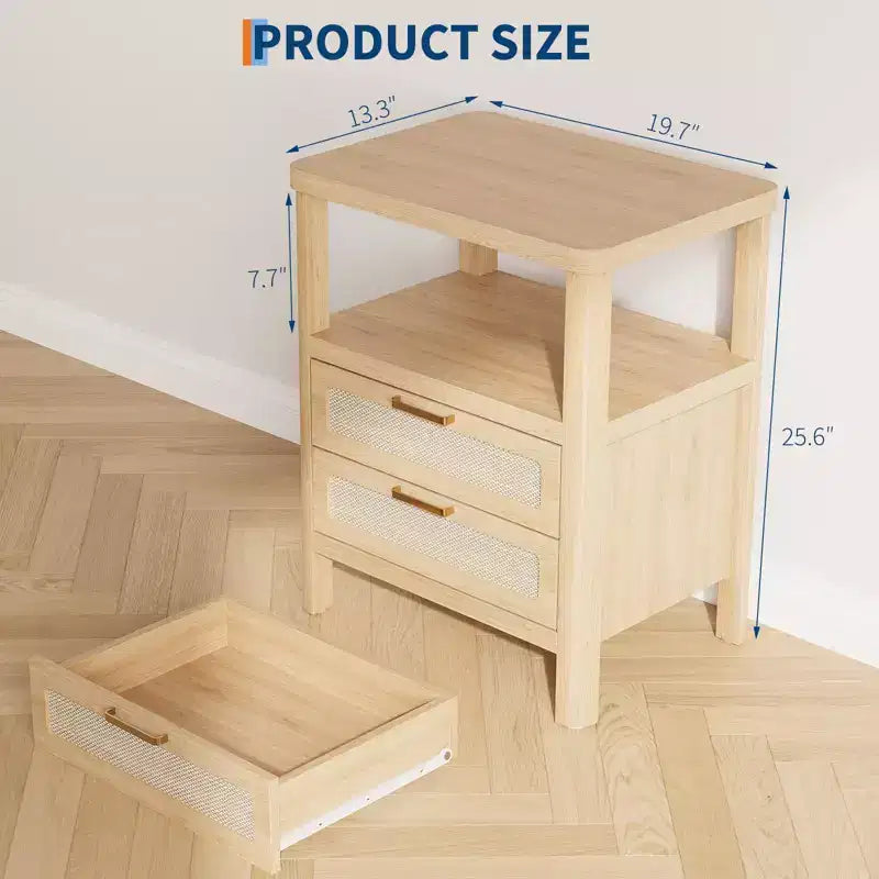COZONY Lot de 2 tables de chevet, tables de nuit en rotin avec tiroirs et étagère de rangement, tables d'appoint étroites de style ferme pour chambre à coucher