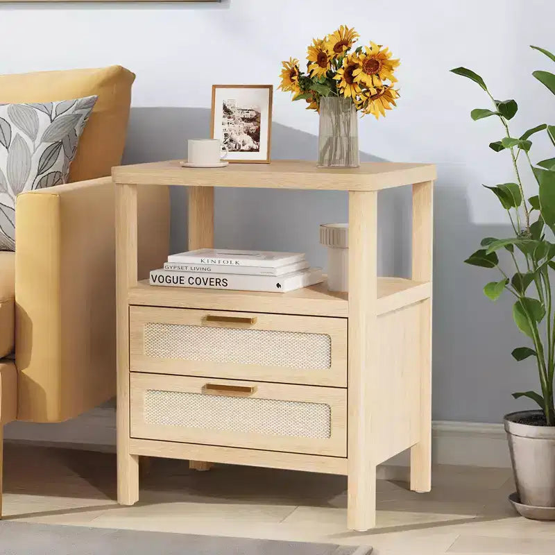 COZONY Lot de 2 tables de chevet, tables de nuit en rotin avec tiroirs et étagère de rangement, tables d'appoint étroites de style ferme pour chambre à coucher