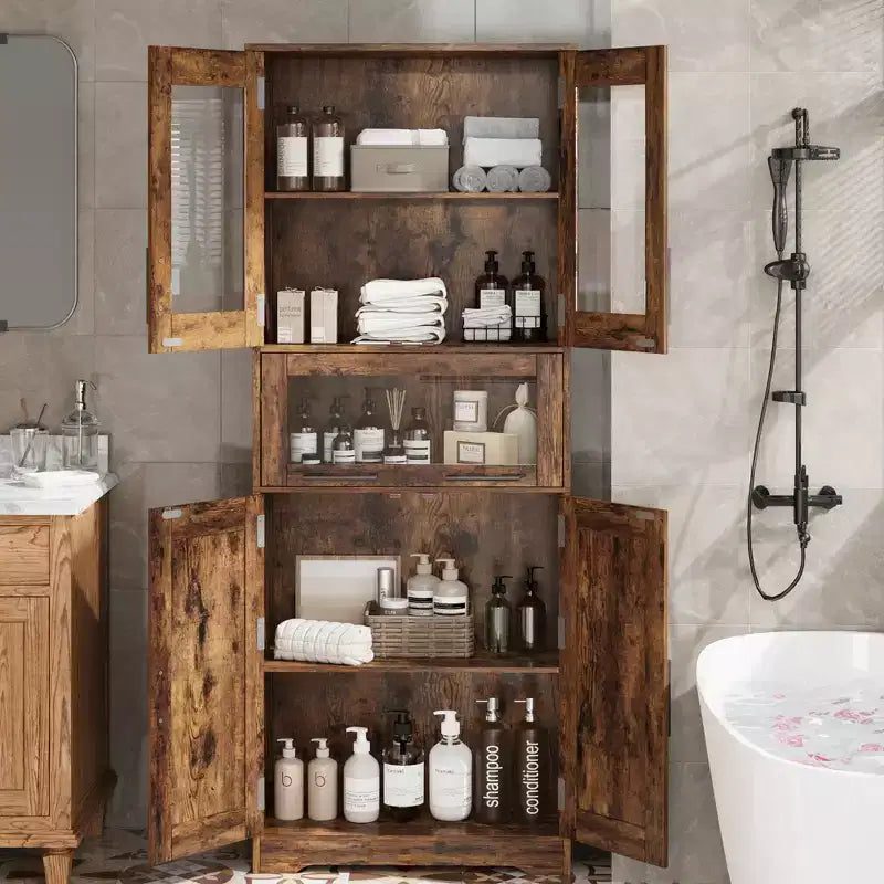 Meuble de Rangement Haut de Cuisine de 170 cm avec Portes Vitrées, Étagères Réglables, Tiroir, pour Salle de Bain, Salle à Manger, Salon