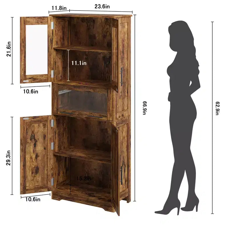 Meuble de Rangement Haut de Cuisine de 170 cm avec Portes Vitrées, Étagères Réglables, Tiroir, pour Salle de Bain, Salle à Manger, Salon