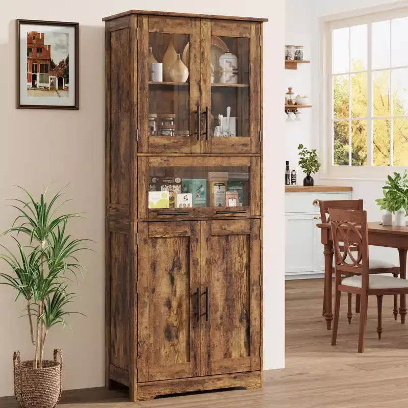 Meuble de Rangement Haut de Cuisine de 170 cm avec Portes Vitrées, Étagères Réglables, Tiroir, pour Salle de Bain, Salle à Manger, Salon