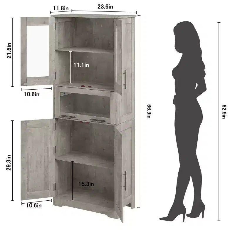 Meuble de Rangement Haut de Cuisine de 170 cm avec Portes Vitrées, Étagères Réglables, Tiroir, pour Salle de Bain, Salle à Manger, Salon