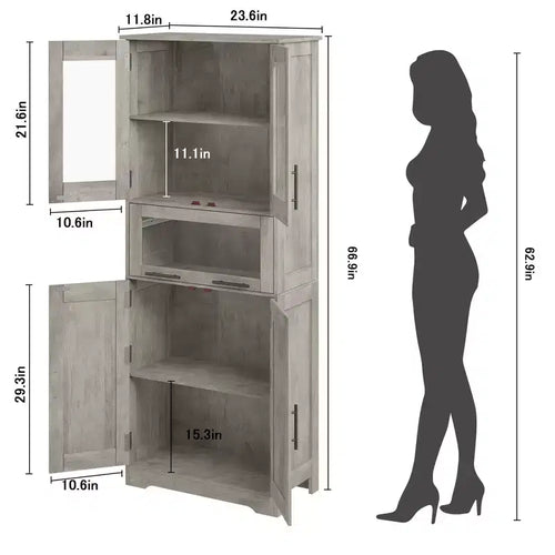 Meuble de Rangement Haut de Cuisine de 170 cm avec Portes Vitrées, Étagères Réglables, Tiroir, pour Salle de Bain, Salle à Manger, Salon