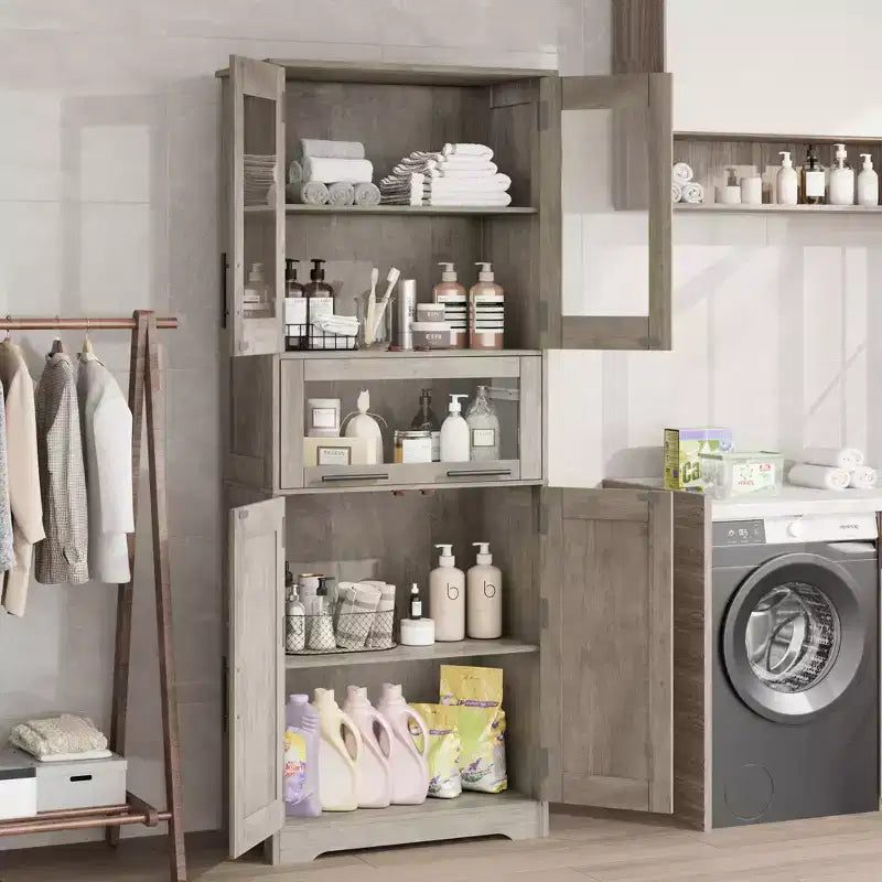 Meuble de Rangement Haut de Cuisine de 170 cm avec Portes Vitrées, Étagères Réglables, Tiroir, pour Salle de Bain, Salle à Manger, Salon
