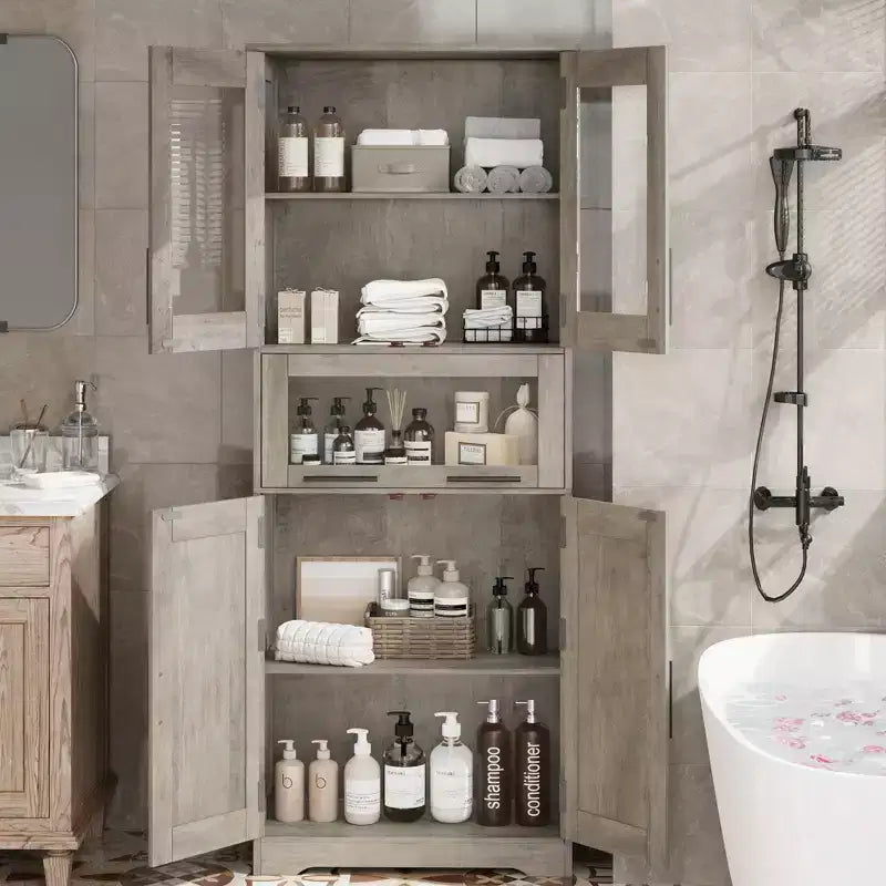 Meuble de Rangement Haut de Cuisine de 170 cm avec Portes Vitrées, Étagères Réglables, Tiroir, pour Salle de Bain, Salle à Manger, Salon