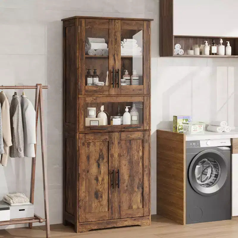 Meuble de Rangement Haut de Cuisine de 170 cm avec Portes Vitrées, Étagères Réglables, Tiroir, pour Salle de Bain, Salle à Manger, Salon