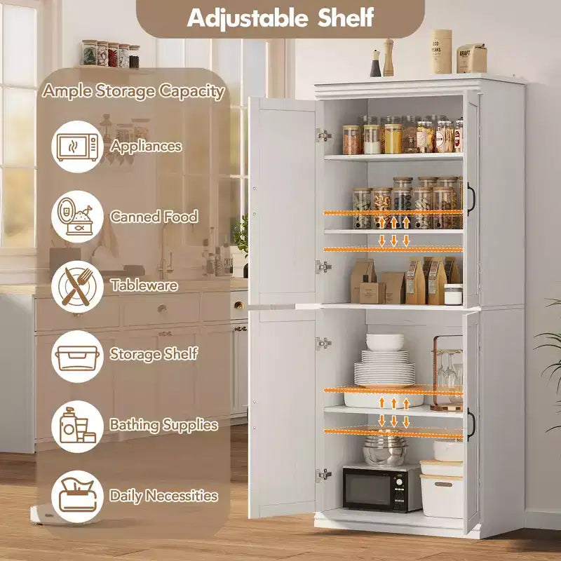 70" Meuble de Rangement Autonome pour Garde-Manger de Cuisine, Armoire de Rangement Haute avec Portes et Étagères Réglables, pour Salle de Bain, Salle à Manger, Salon