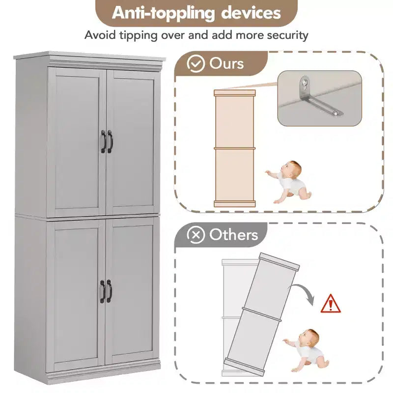 70" Meuble de Rangement Autonome pour Garde-Manger de Cuisine, Armoire de Rangement Haute avec Portes et Étagères Réglables, pour Salle de Bain, Salle à Manger, Salon