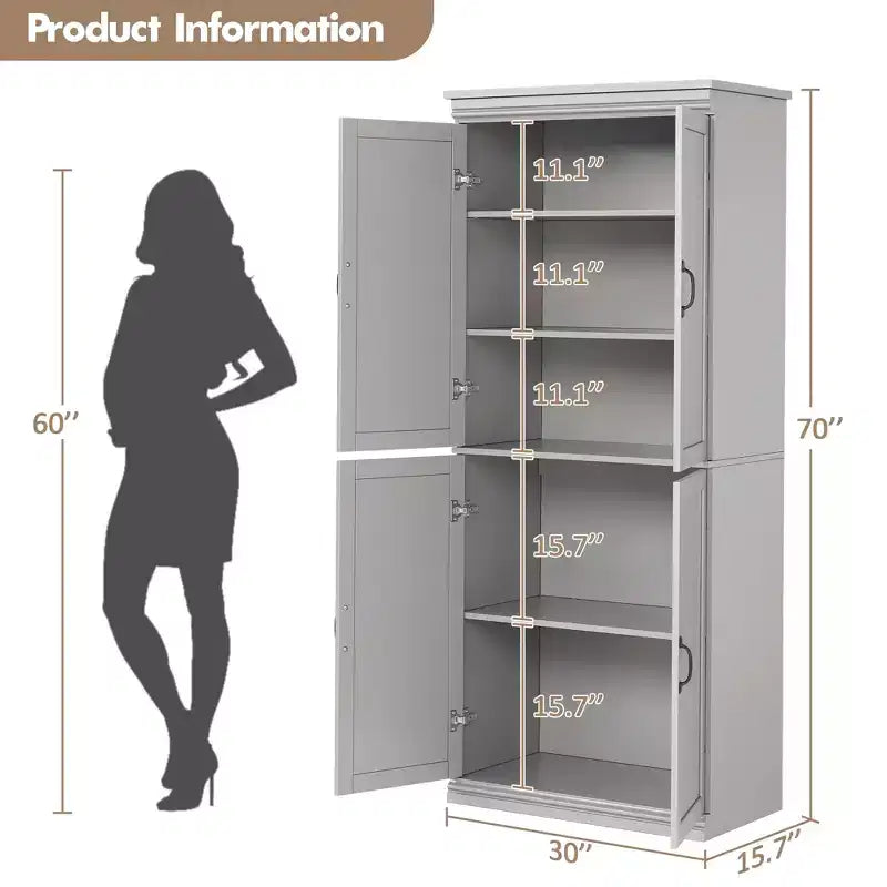 70" Meuble de Rangement Autonome pour Garde-Manger de Cuisine, Armoire de Rangement Haute avec Portes et Étagères Réglables, pour Salle de Bain, Salle à Manger, Salon
