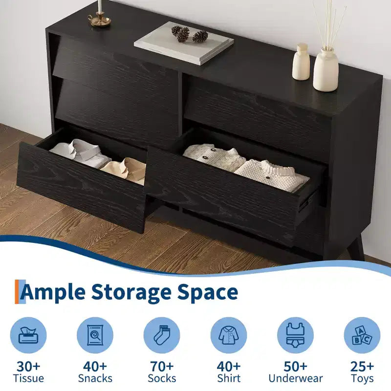 Commode 6 tiroirs pour chambre à coucher, commode de milieu de siècle de 120 cm de large, commode TV en bois, pour chambre à coucher, salon, couloir