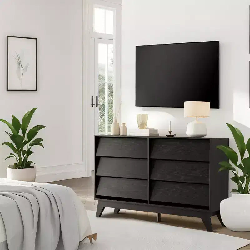 Commode 6 tiroirs pour chambre à coucher, commode de milieu de siècle de 120 cm de large, commode TV en bois, pour chambre à coucher, salon, couloir