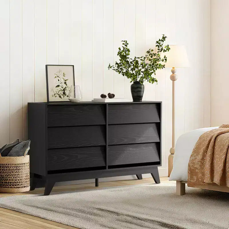Commode 6 tiroirs pour chambre à coucher, commode de milieu de siècle de 120 cm de large, commode TV en bois, pour chambre à coucher, salon, couloir