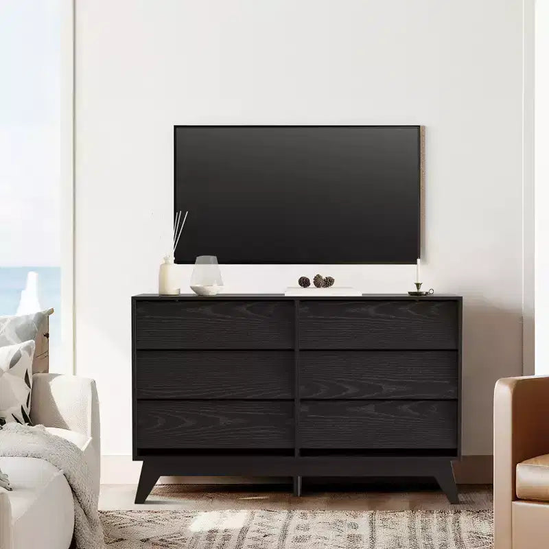 Commode 6 tiroirs pour chambre à coucher, commode de milieu de siècle de 120 cm de large, commode TV en bois, pour chambre à coucher, salon, couloir