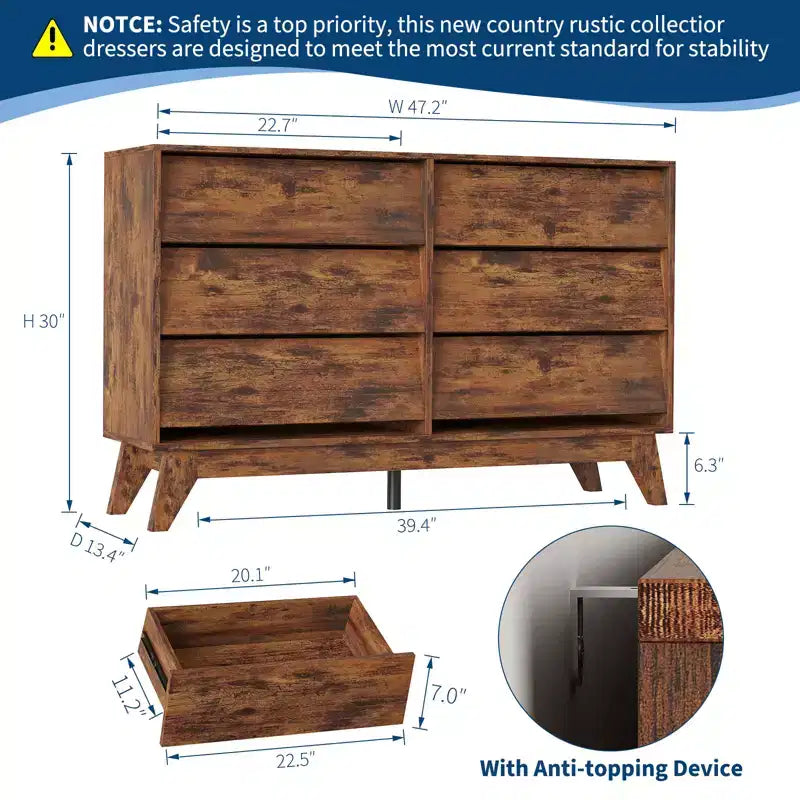 Commode 6 tiroirs pour chambre à coucher, commode de milieu de siècle de 120 cm de large, commode TV en bois, pour chambre à coucher, salon, couloir