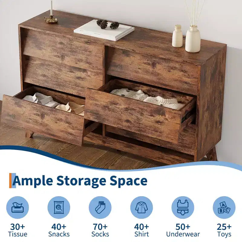 Commode 6 tiroirs pour chambre à coucher, commode de milieu de siècle de 120 cm de large, commode TV en bois, pour chambre à coucher, salon, couloir