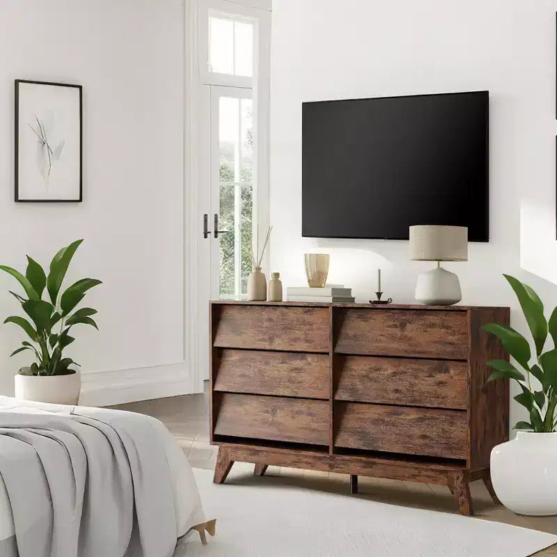 Commode 6 tiroirs pour chambre à coucher, commode de milieu de siècle de 120 cm de large, commode TV en bois, pour chambre à coucher, salon, couloir