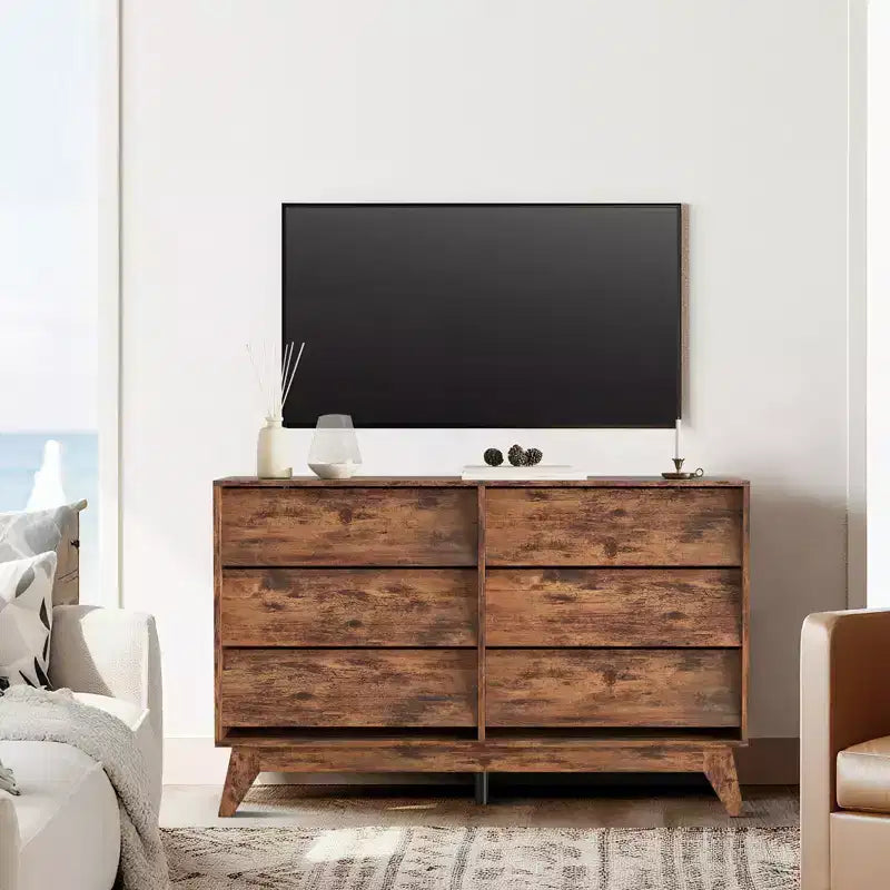 Commode 6 tiroirs pour chambre à coucher, commode de milieu de siècle de 120 cm de large, commode TV en bois, pour chambre à coucher, salon, couloir