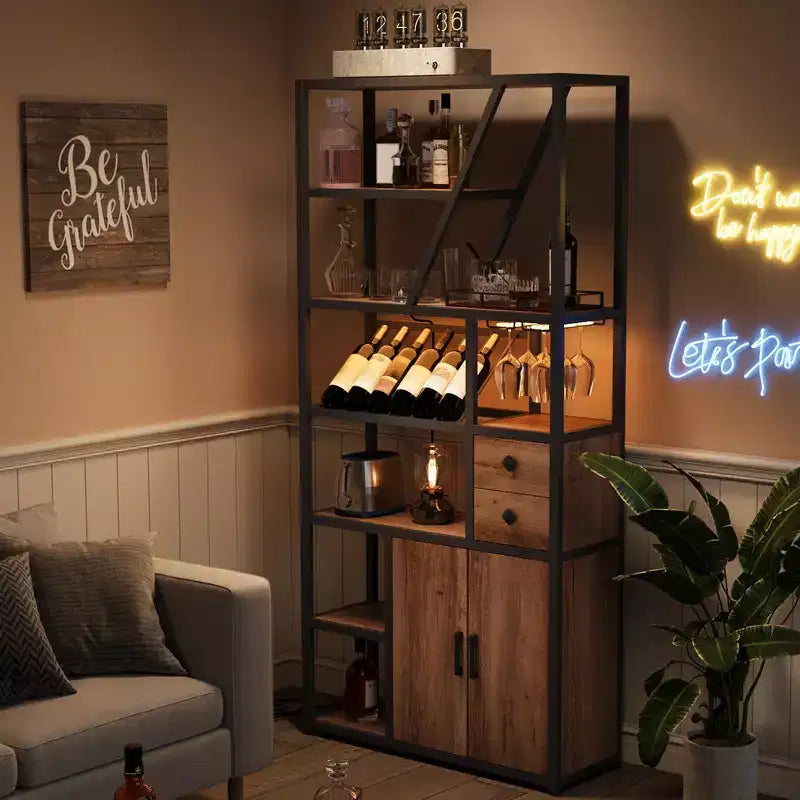 Meuble Bar à Vin, Meuble Bar à Café Haut, Meuble de Rangement pour Micro-ondes, Meuble Bar à Café de Ferme avec Range-bouteilles, Porte-verres