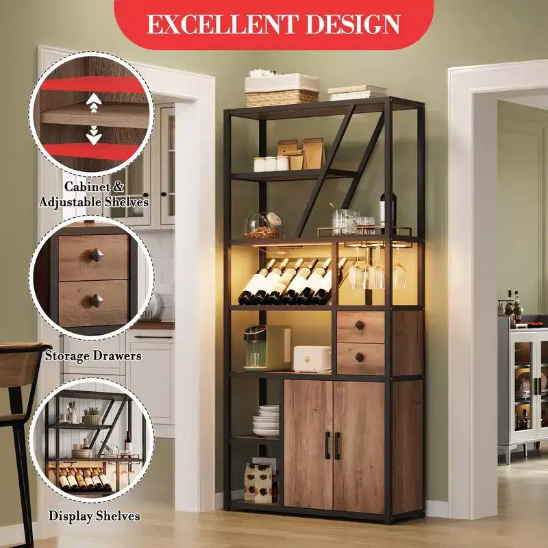 Meuble Bar à Vin, Meuble Bar à Café Haut, Meuble de Rangement pour Micro-ondes, Meuble Bar à Café de Ferme avec Range-bouteilles, Porte-verres